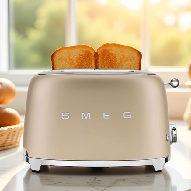SMEG 2 Slice Toaster with 6 Presets and Defrost Function and Removable Crumb Tray TSF01CHMUS, Matte Champagne