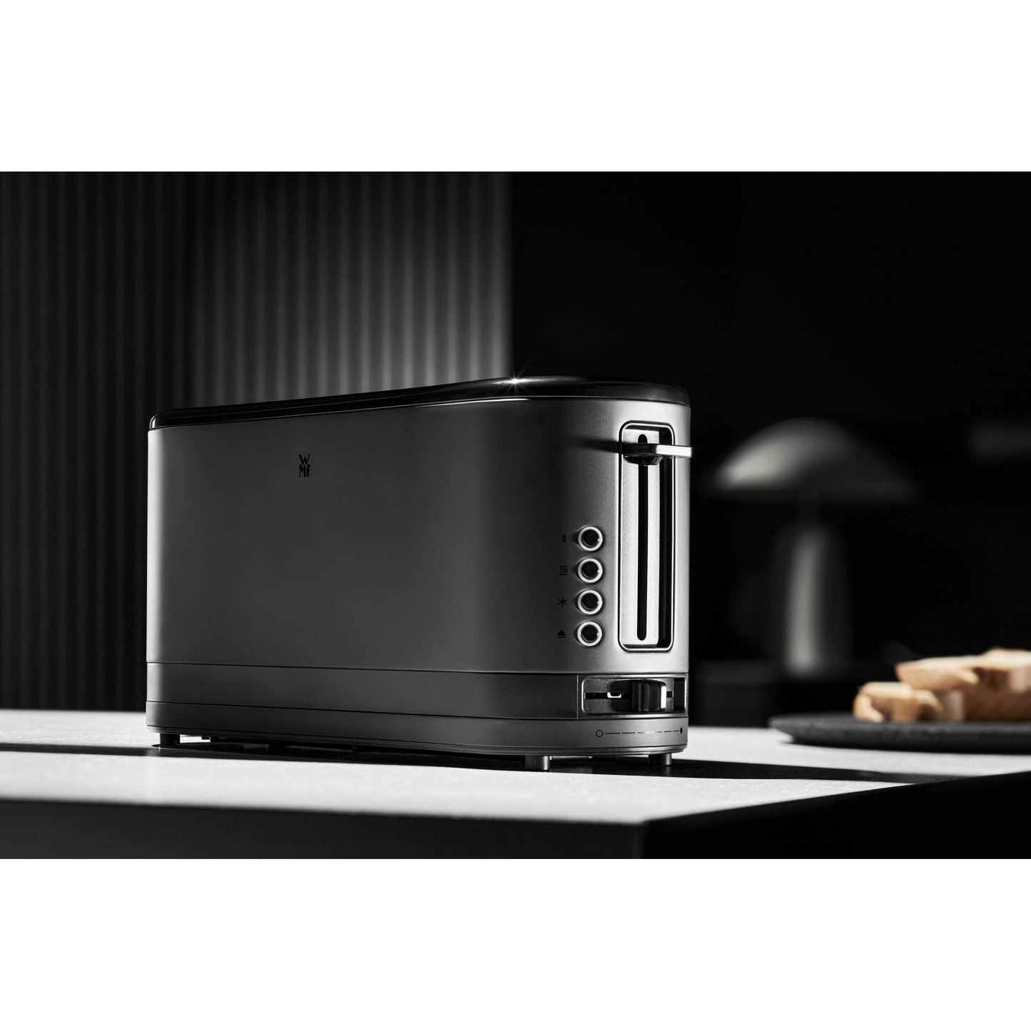 WMF Long Slot Toaster: 2-slice XXL toaster, 7 browning levels, bagel function, sleek stainless steel black design.