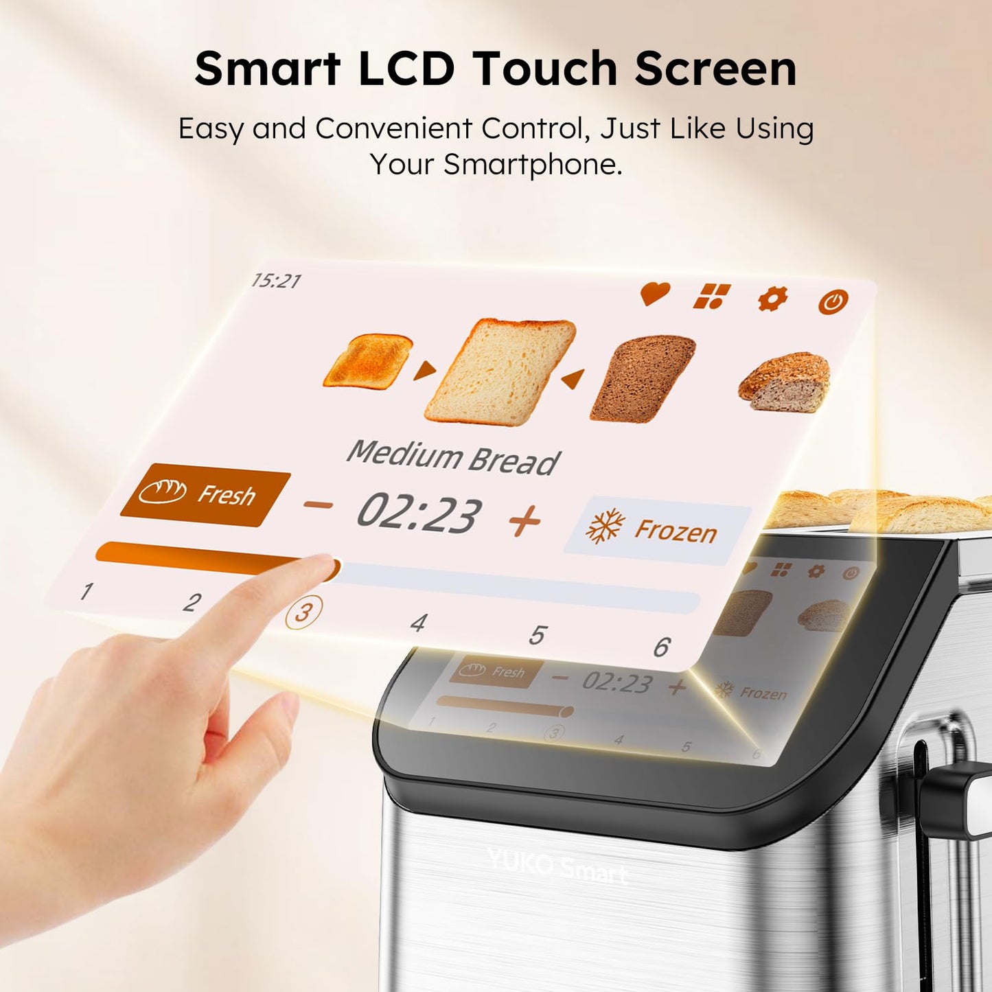 Smart LCD Toaster: 2-slice toaster with touchscreen, 10 bread settings, 6 shades, fast and even toasting.