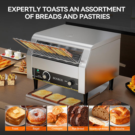 BOOROS Conveyor Toaster: commercial toaster, 450 slices/hour, heavy-duty stainless steel, ideal for restaurants and bakeries.