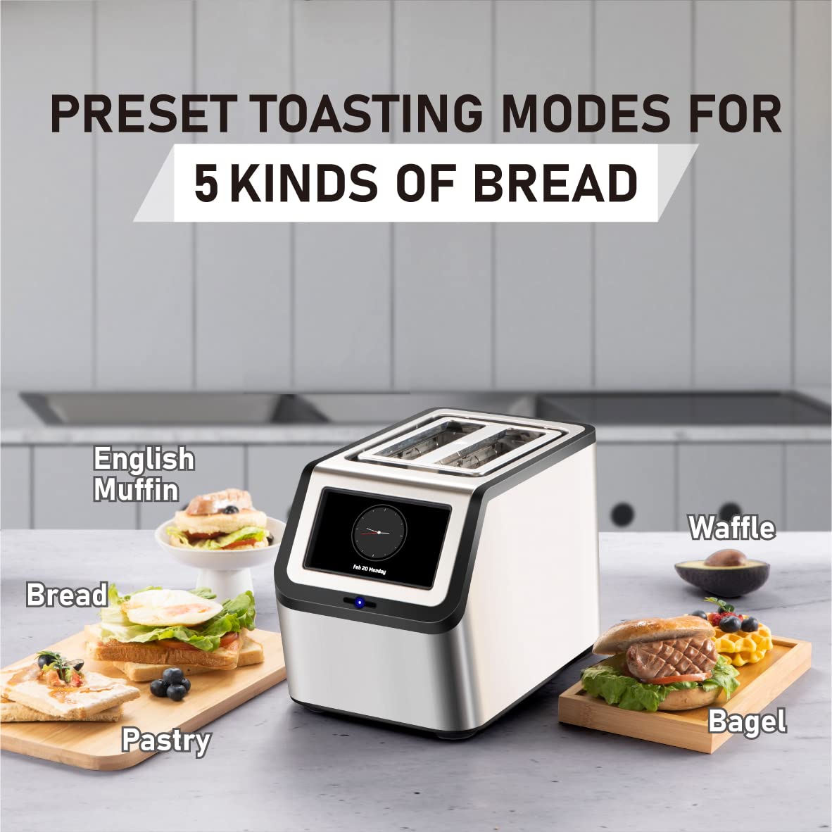 KETIAN Smart Toaster: touchscreen 2-slice toaster, fast heating, multiple bread settings, stainless steel build.