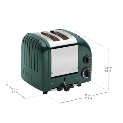 Dualit Classic Toaster Evergreen: 2-slice premium toaster, hand-built, replaceable elements, defrost, mechanical timer.