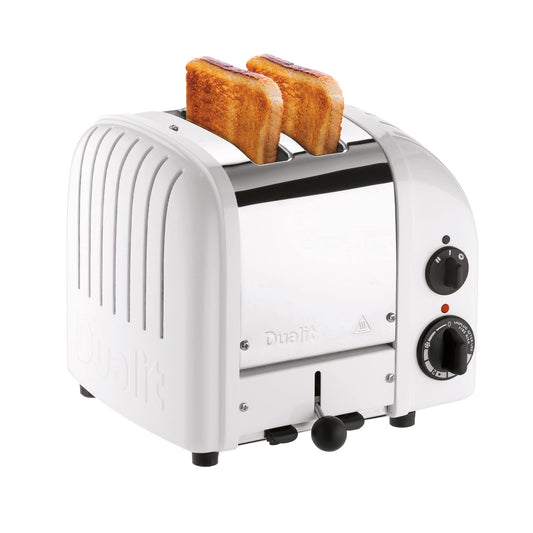 Dualit Classic White Toaster: 2-slice durable toaster, handcrafted, slot selector, defrost function, mechanical timer.