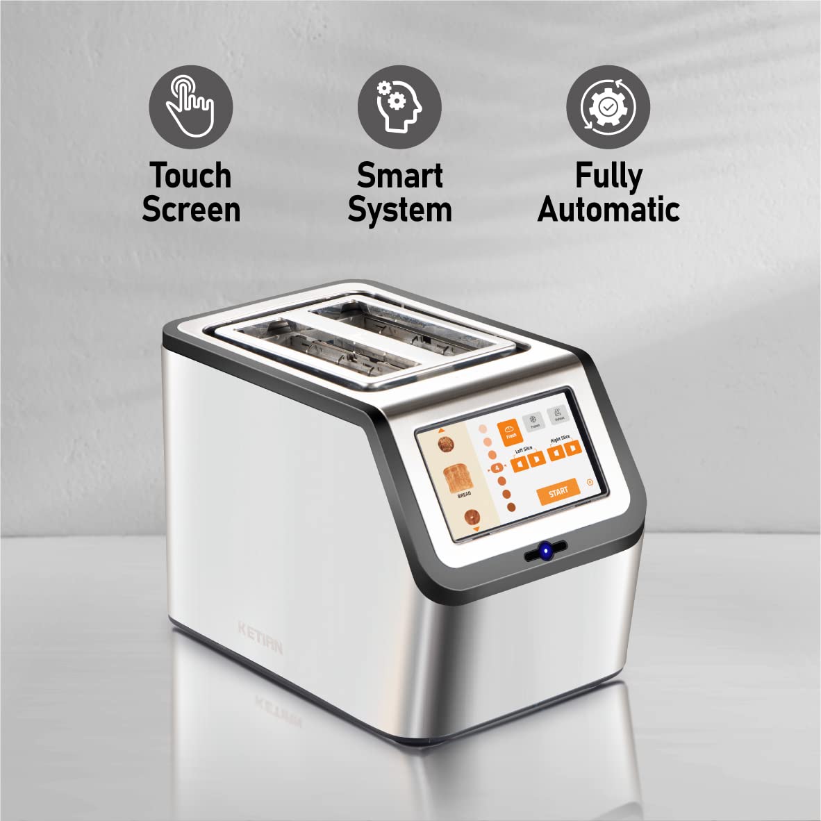 KETIAN Smart Toaster: touchscreen 2-slice toaster, fast heating, multiple bread settings, stainless steel build.