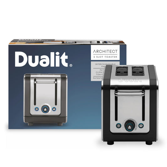 Dualit Design Series Toaster: 2-slice toaster with wide slots, peek function, perfect toast technology, modern design.