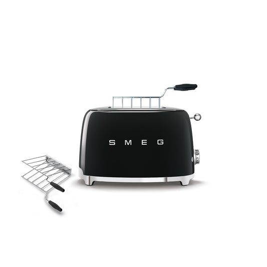 SMEG TSF01 Toaster: 2-slice retro toaster with sandwich racks, 6 browning levels, defrost, reheat, bagel modes, wide slots.