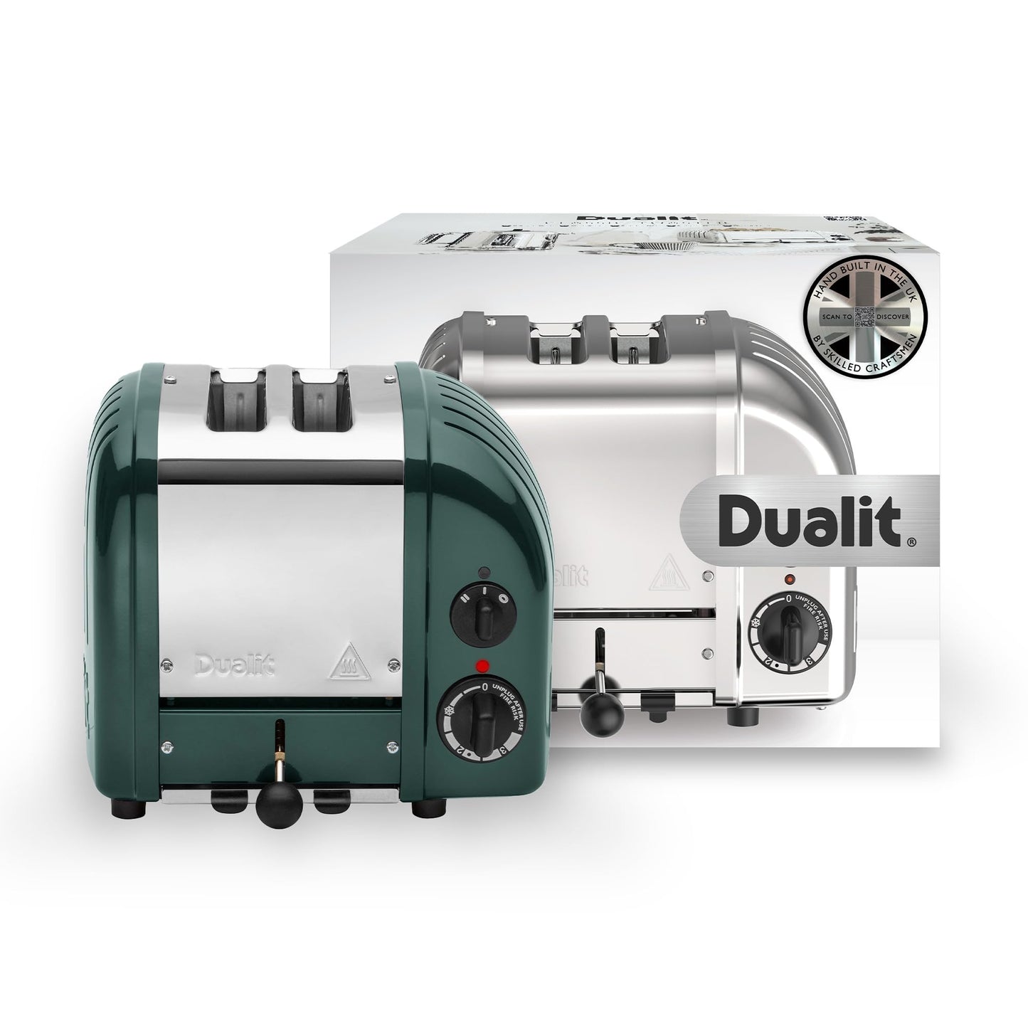 Dualit Classic Toaster Evergreen: 2-slice premium toaster, hand-built, replaceable elements, defrost, mechanical timer.