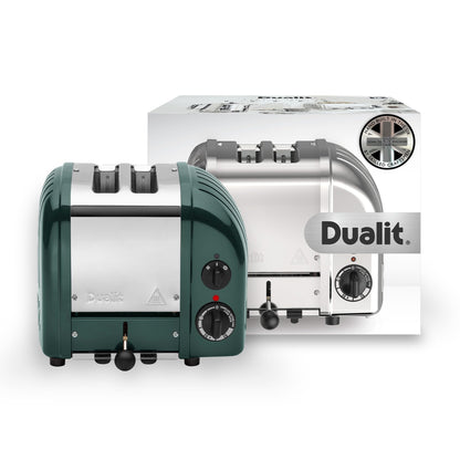 Dualit Classic Toaster Evergreen: 2-slice premium toaster, hand-built, replaceable elements, defrost, mechanical timer.