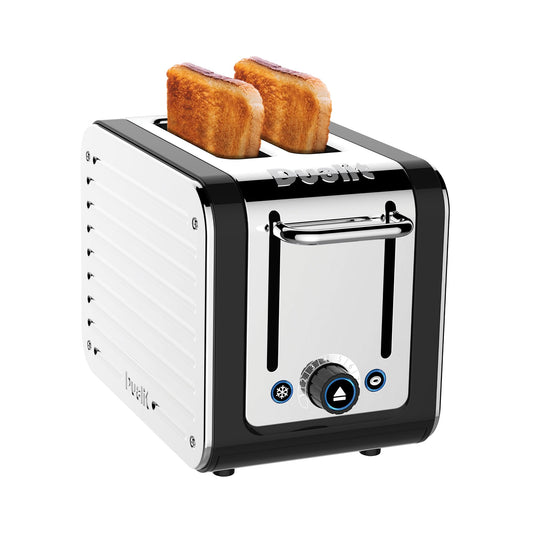 Dualit Design Series Toaster: 2-slice toaster with wide slots, peek function, perfect toast technology, modern design.