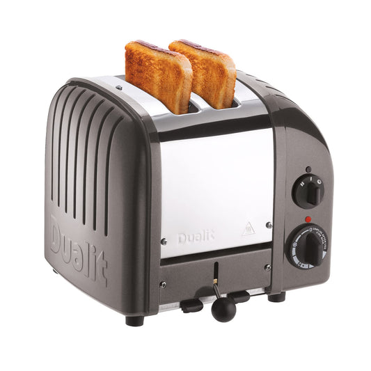 Dualit Classic NewGen Toaster: 2-slice handmade toaster, stainless steel, replaceable elements, mechanical timer, durable design.