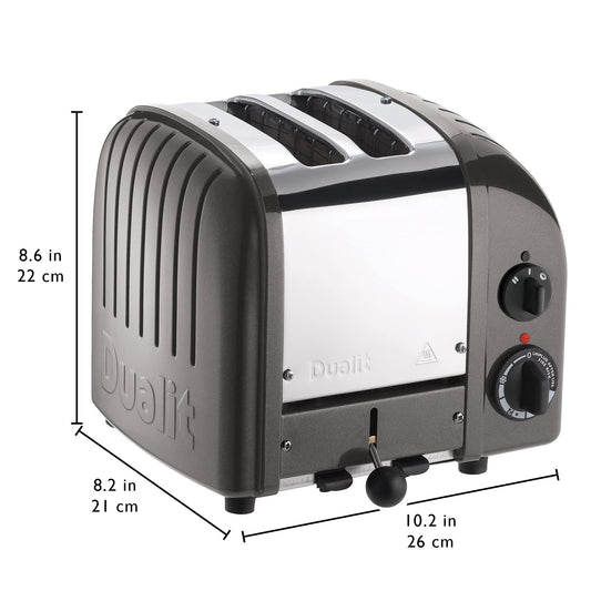 Dualit Classic NewGen Toaster: 2-slice handmade toaster, stainless steel, replaceable elements, mechanical timer, durable design.