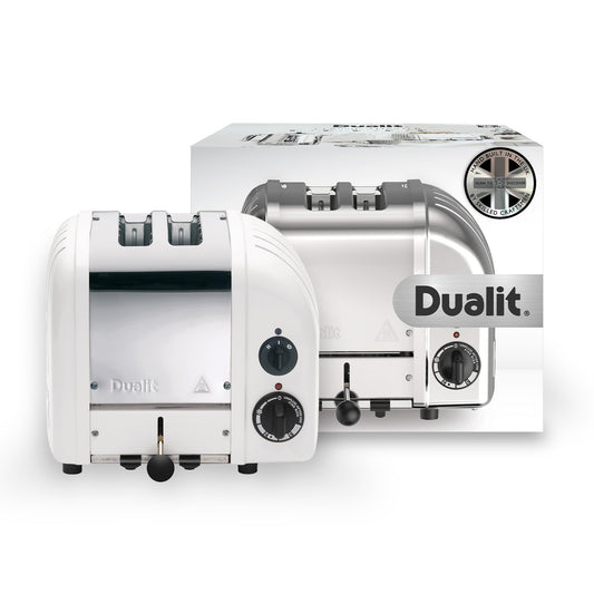 Dualit Classic White Toaster: 2-slice durable toaster, handcrafted, slot selector, defrost function, mechanical timer.