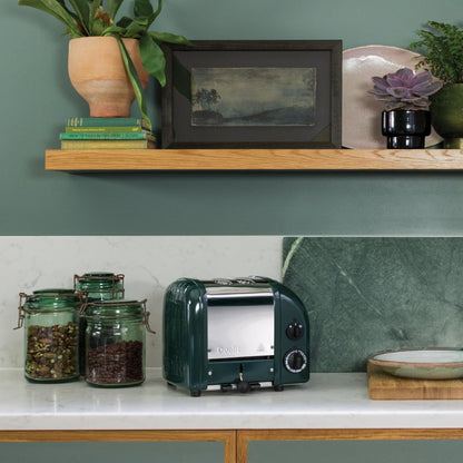 Dualit Classic Toaster Evergreen: 2-slice premium toaster, hand-built, replaceable elements, defrost, mechanical timer.